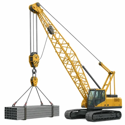 A crane uses pulleys and cables to lift building materials.