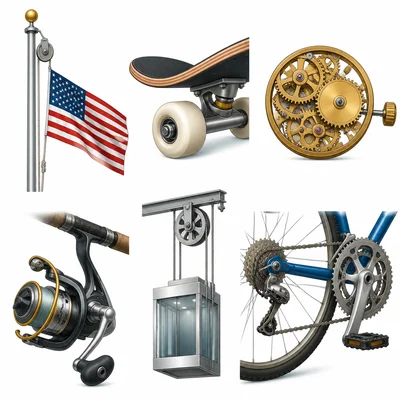 Six items: a flagpole pulley, skateboard wheel, clock gears, fishing reel handle, elevator pulley, and bicycle gears.