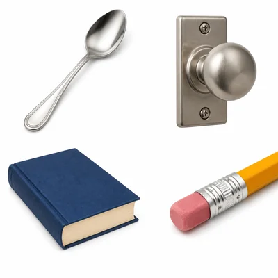 A spoon, doorknob, book, and pencil eraser shown separately.