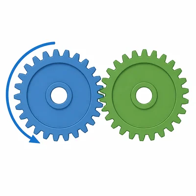 Two touching gears, with the left gear shown turning clockwise.