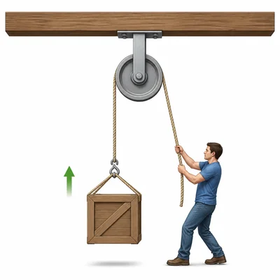 A fixed pulley changes the direction of a pull to lift a load.