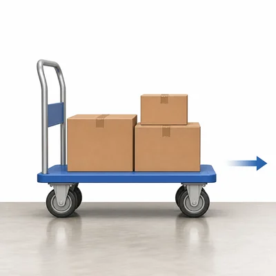 A cart with large wheels rolls across the floor.