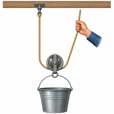 A bucket lifted by a movable pulley with two supporting rope sections.