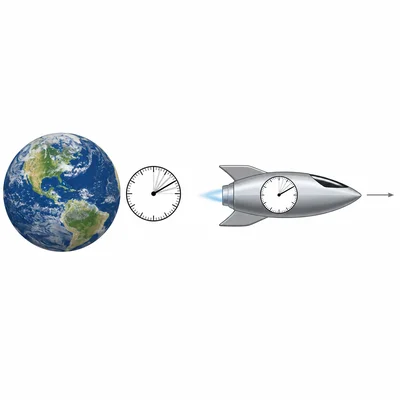Earth observes a passing spaceship with clocks showing the idea of time dilation.