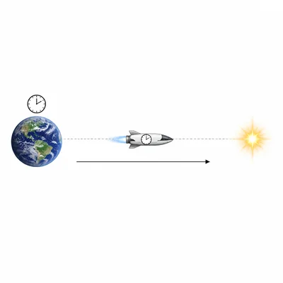 A spaceship travels from Earth to a distant star, with clocks in different frames.