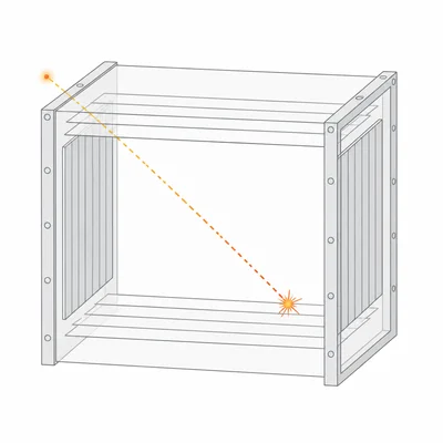A fast muon travels through a lab detector before decaying.