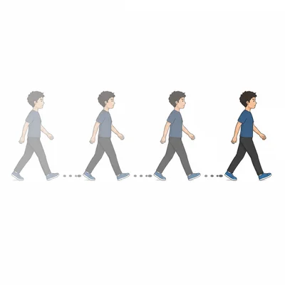 A walker shown at evenly spaced positions along a path, representing constant speed.