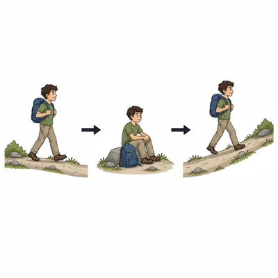 A hiker travels, rests at a midpoint, then continues along the trail.