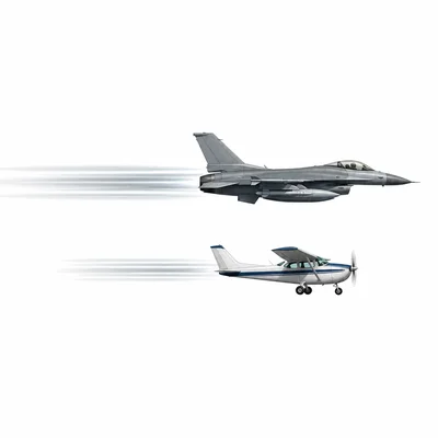 A jet and a smaller plane fly side by side with different motion trails.