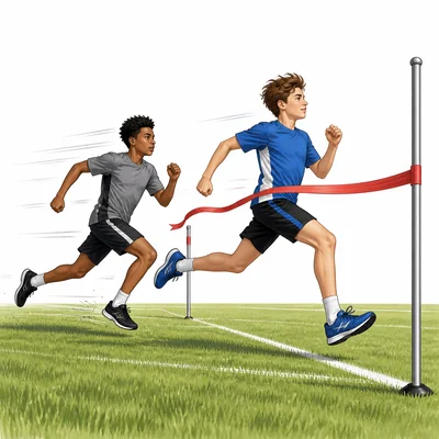 Two students racing across a field, with one finishing ahead of the other.