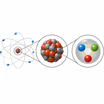 Nested diagram showing an atom, its nucleus, and a nucleon made of three quarks.