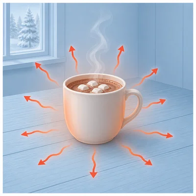 Hot cocoa transferring heat to the cooler air and table.