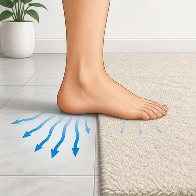 A tile floor drawing heat from a foot faster than a rug.