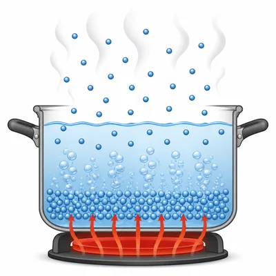 Boiling water using added energy to change liquid into vapor.