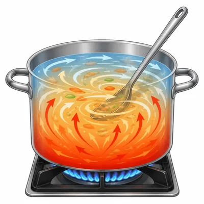Stirring soup spreads thermal energy through the liquid.
