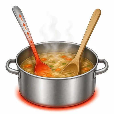 Metal spoon conducting heat faster than wooden spoon in hot soup.