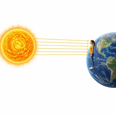 Sunlight traveling through space to warm a person on Earth.
