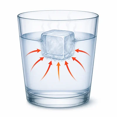Heat moving from warm water into an ice cube.