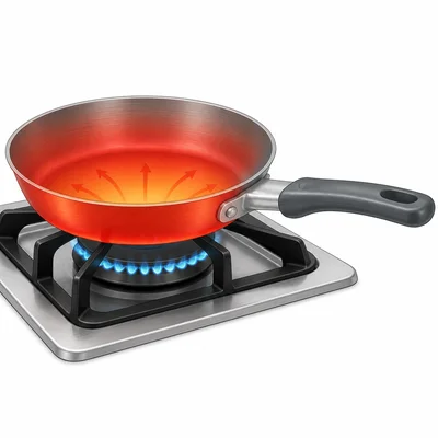 Plastic handle limiting heat transfer from a hot metal pan.