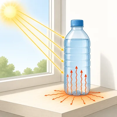 Sunlight and a warm windowsill heating a sealed water bottle.