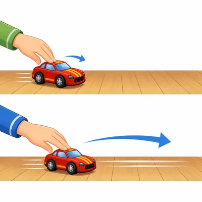 A toy car is shown with a gentle push and a stronger push that sends it farther.