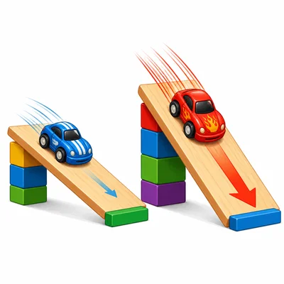 Two toy cars go down a flat ramp and a steeper ramp, with the steeper ramp showing faster motion.