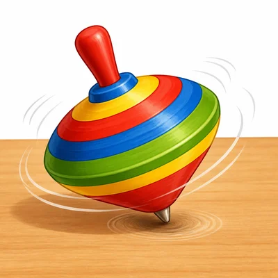 A spinning top slows on a smooth table and begins to tilt.