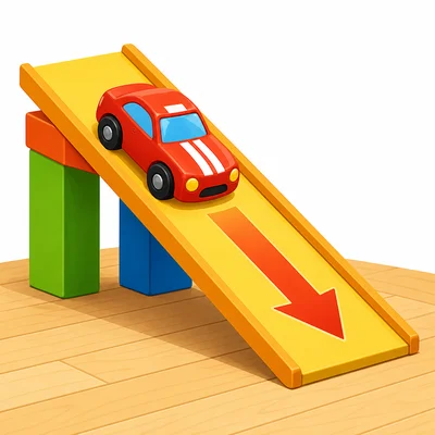 A toy car rolls down a ramp with an arrow pointing down the slope.