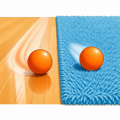 One ball rolls far on a smooth floor while another slows on a thick rug.