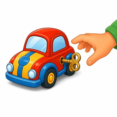 A stopped wind-up toy car is ready to be wound with its key.