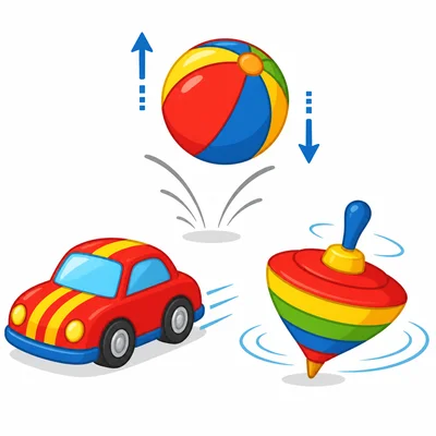 A bouncing ball, rolling car, and spinning top show different kinds of motion.
