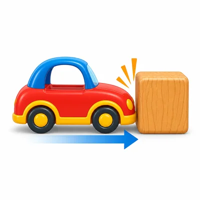 A toy car hits a block and stops.