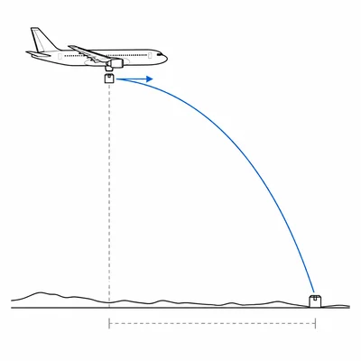Airplane dropping a package that follows a parabolic path to the ground.