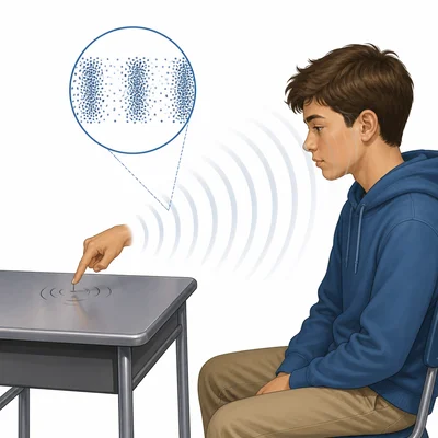 Sound vibrations travel from a tapped metal desk through air to a student's ear.