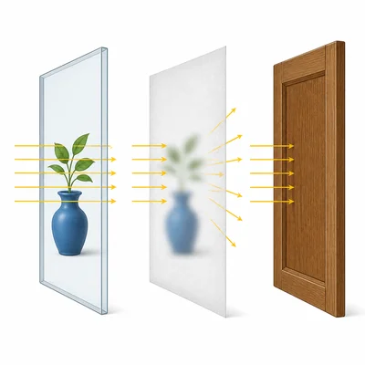 Clear glass lets light through, wax paper scatters light, and wood blocks light.