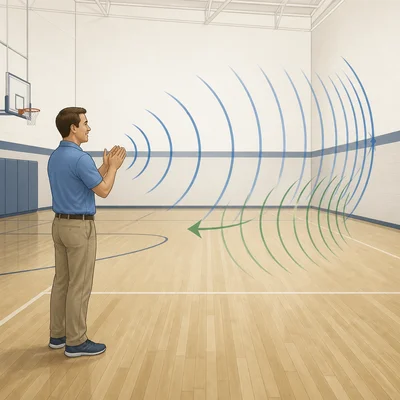 Sound waves from a clap reflect off a gym wall and return as an echo.