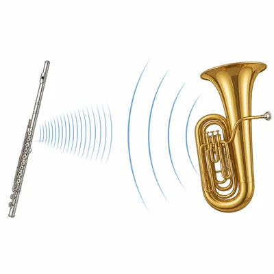 A flute produces closely spaced waves, while a tuba produces wider spaced waves.