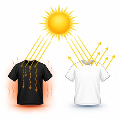 A black shirt absorbs more sunlight while a white shirt reflects more sunlight.