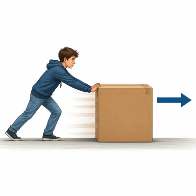 Student pushing a box across the floor with a force arrow in the direction of motion.