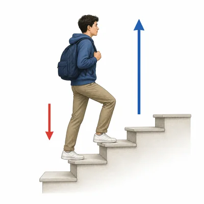 Student climbing stairs with arrows showing upward motion and downward weight.