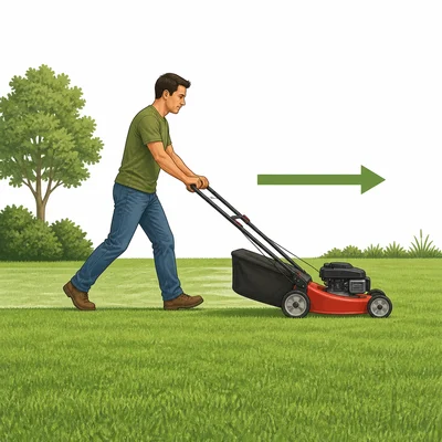 Person pushing a lawn mower forward across grass.