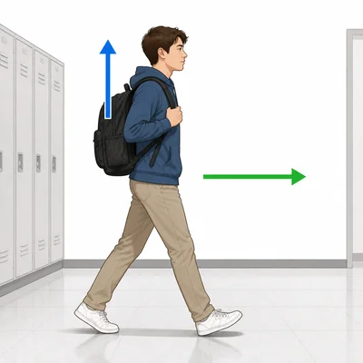 Student carrying a backpack with upward force and forward motion arrows.
