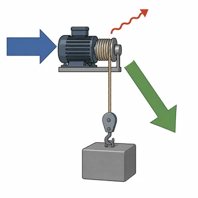 Motor receiving energy, lifting an object, and losing some energy as heat.