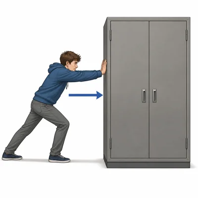 Student pushing a heavy cabinet that does not move.