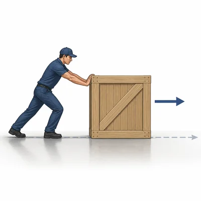 Mover pushing a crate across the floor with a force arrow and displacement path.