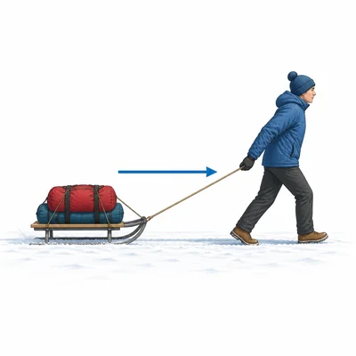 Person pulling a sled horizontally across snow.