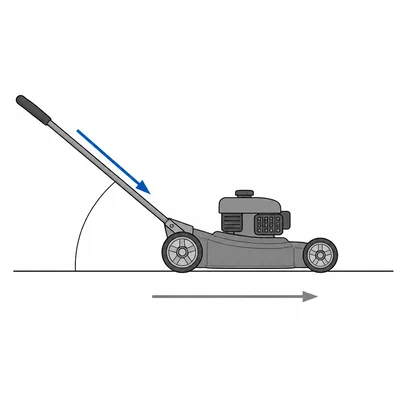 A lawn mower pushed downward at an angle while moving horizontally.