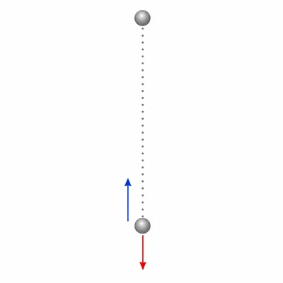A ball thrown upward with gravity acting downward and the top point shown.