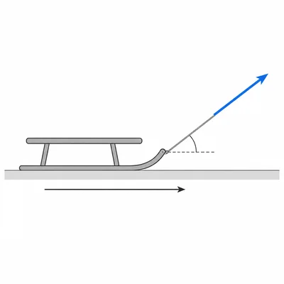 A sled pulled by an upward-angled rope while moving horizontally.
