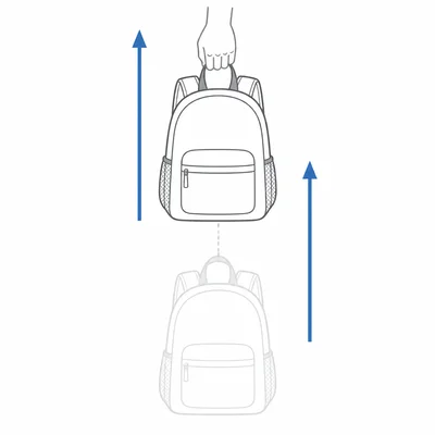 A backpack lifted upward with upward force and displacement arrows.